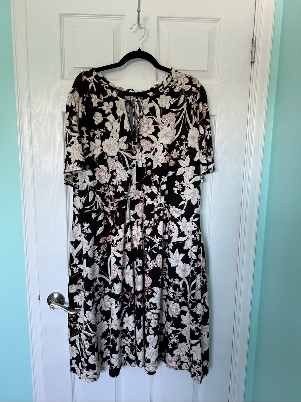 Penningtons Black Floral Midi Dress with Soft Pink & White Blooms - 3X